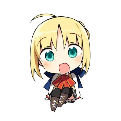 1girl ahoge artoria_pendragon_(fate) bangs blonde_hair blush bow braid chibi commentary_request eyebrows_visible_through_hair fate/stay_night fate_(series) green_eyes hanabana_tsubomi homurahara_academy_uniform looking_at_viewer lowres open_mouth ribbon saber school_uniform short_hair simple_background skirt solo thigh-highs vest white_background