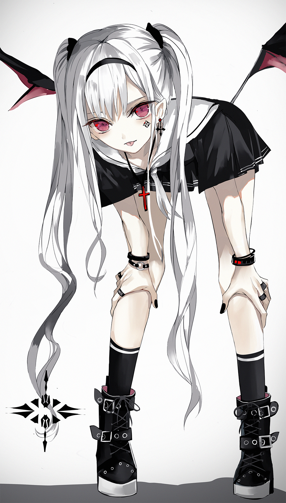 1girl :p boots bracelet colored_skin demon demon_girl demon_wings ear_piercing earrings green_night grey_hair highres jewelry looking_at_viewer nail_polish necklace original piercing pointy_ears red_eyes silver_hair socks tongue tongue_out twintails white_skin wings