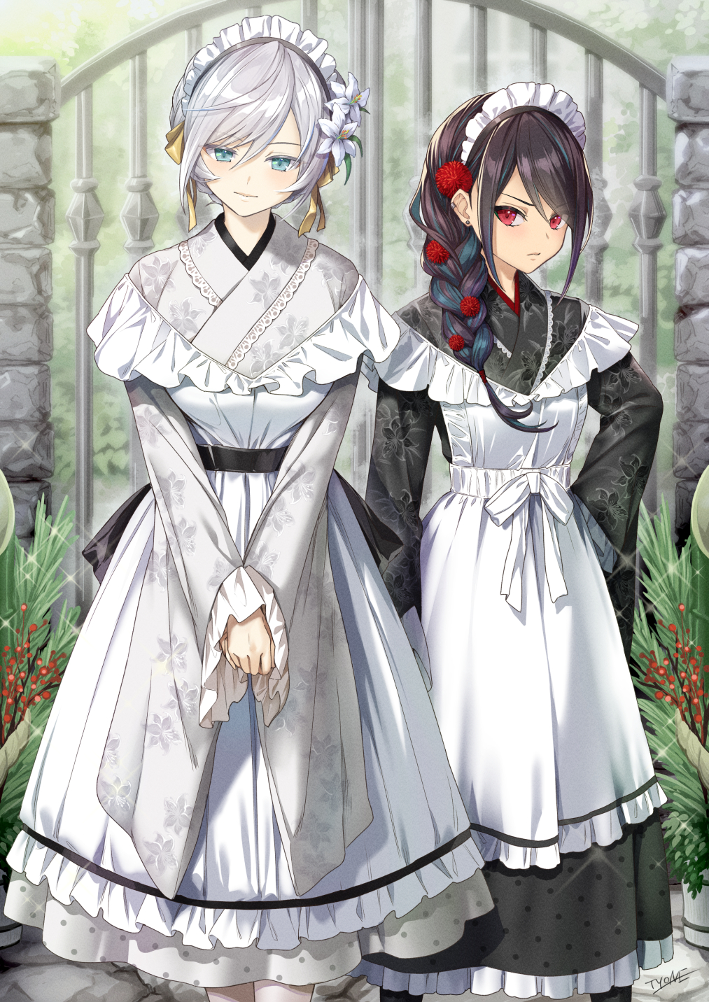 2girls apron bangs black_hair black_kimono blue_hair braid closed_mouth commentary_request eyebrows_visible_through_hair floral_print flower frilled_apron frilled_sleeves frills gate grey_kimono hair_between_eyes hair_flower hair_ornament highres japanese_clothes kimono long_sleeves multicolored_hair multiple_girls original own_hands_together print_kimono red_eyes silver_hair single_braid sleeves_past_wrists smile streaked_hair tyone white_apron white_flower