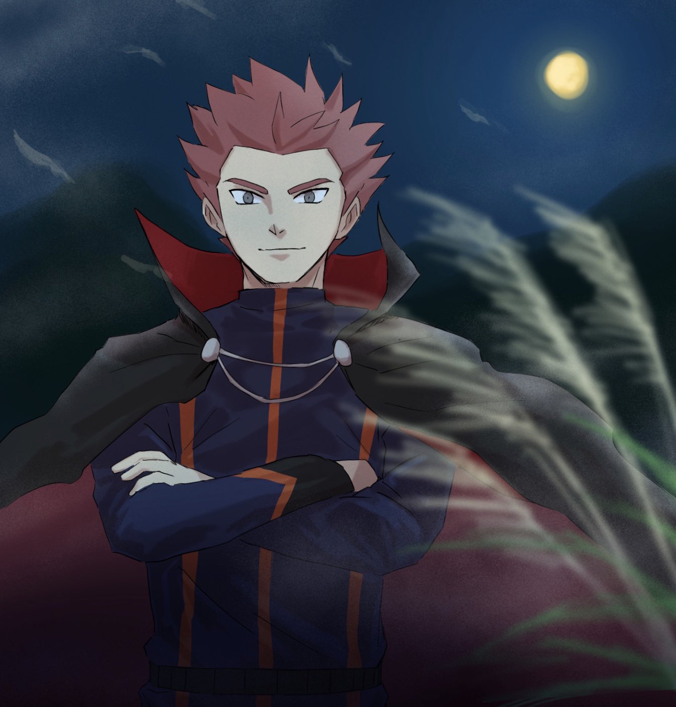 1boy belt blurry cape closed_mouth crossed_arms highres imasara_maki jacket lance_(pokemon) long_sleeves looking_at_viewer male_focus moon night outdoors pants pokemon pokemon_(game) pokemon_hgss popped_collar redhead short_hair sky smile solo spiky_hair symbol-only_commentary