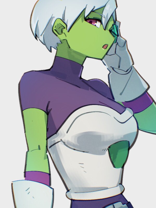 1girl armor breasts cheelai colored_skin dragon_ball dragon_ball_super dragon_ball_super_broly gloves green_skin grey_background kemachiku looking_at_viewer medium_breasts pink_eyes scouter short_hair simple_background solo white_gloves white_hair