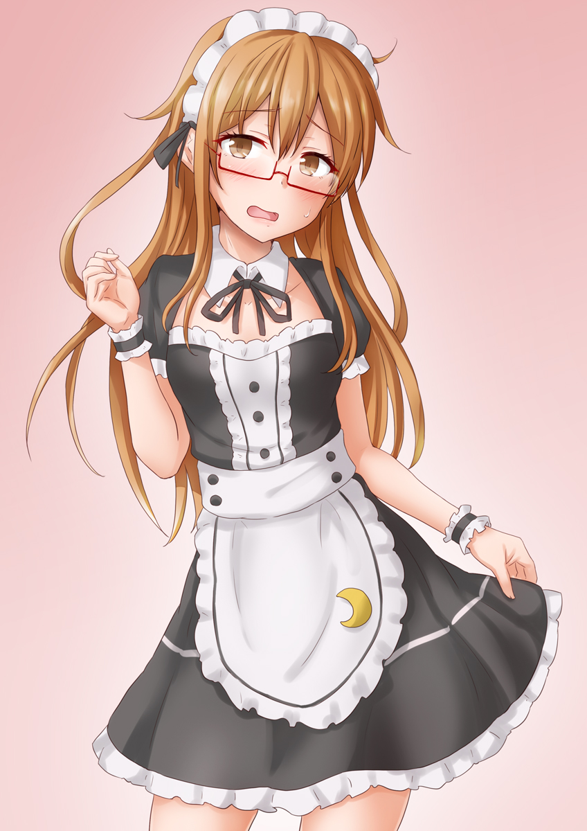 1girl alternate_costume anti_(untea9) apron black_dress blush brown_eyes brown_hair cowboy_shot crescent crescent_pin detached_collar dress enmaided eyebrows_visible_through_hair glasses gradient gradient_background hair_between_eyes highres kantai_collection long_hair maid maid_apron maid_headdress mochizuki_(kancolle) open_mouth puffy_short_sleeves puffy_sleeves red-framed_eyewear short_sleeves solo waist_apron white_apron wrist_cuffs