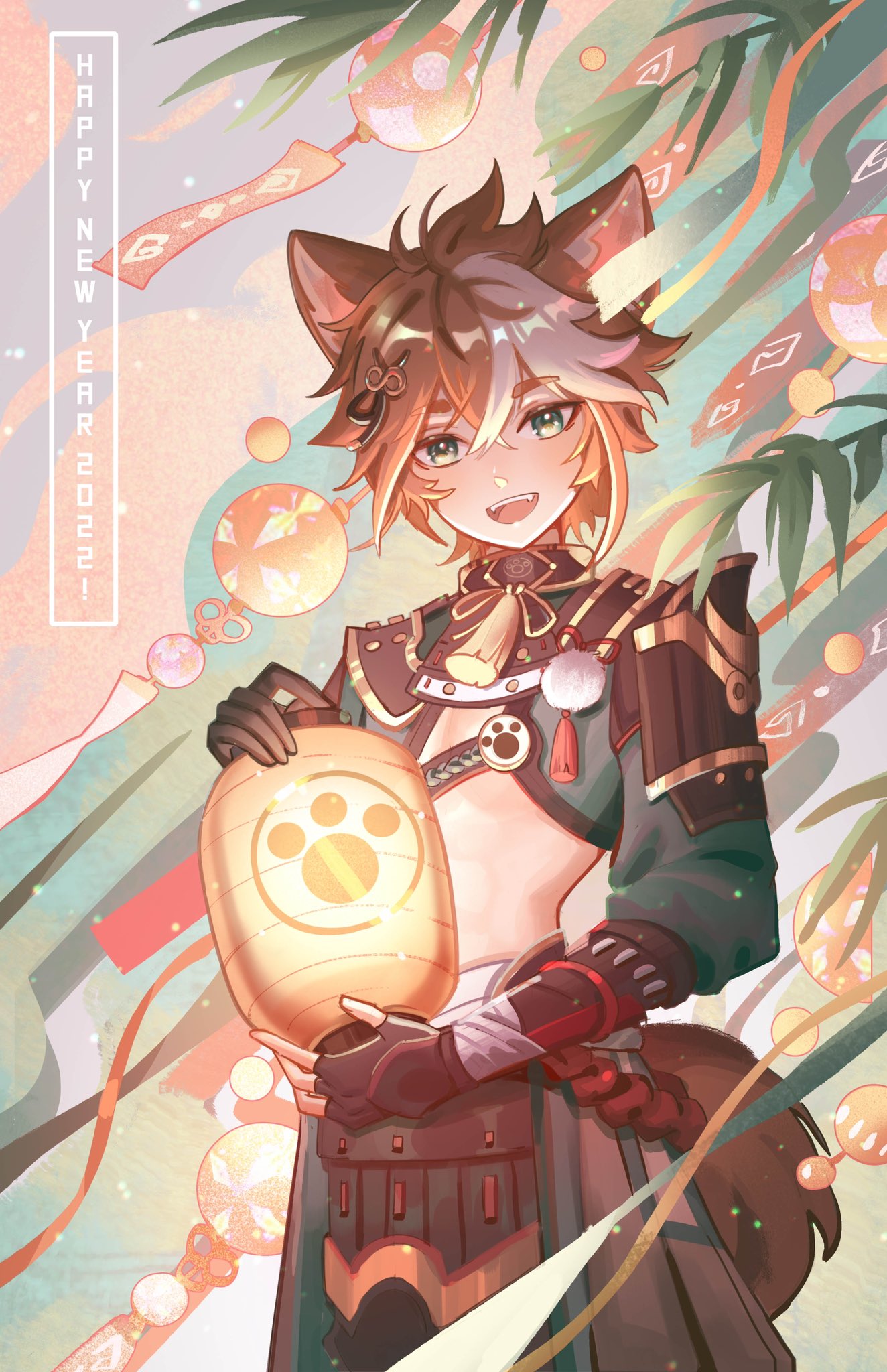 1boy 2022 :d animal_ears armor bamboo bangs black_gloves blue_eyes blush brown_hair dog_boy dog_ears dog_tail english_commentary english_text eyelashes eyeshadow feet_out_of_frame genshin_impact gloves gorou_(genshin_impact) hair_between_eyes hair_ornament highres holding holding_lantern japanese_armor japanese_clothes jwijaya_art lantern leaf light light_particles looking_at_viewer makeup male_focus midriff multicolored_hair open_mouth paw_print pom_pom_(clothes) red_eyeshadow shiny shiny_hair sidelocks smile solo standing streaked_hair tail tassel teeth toned tongue upper_teeth white_hair wind wind_chime