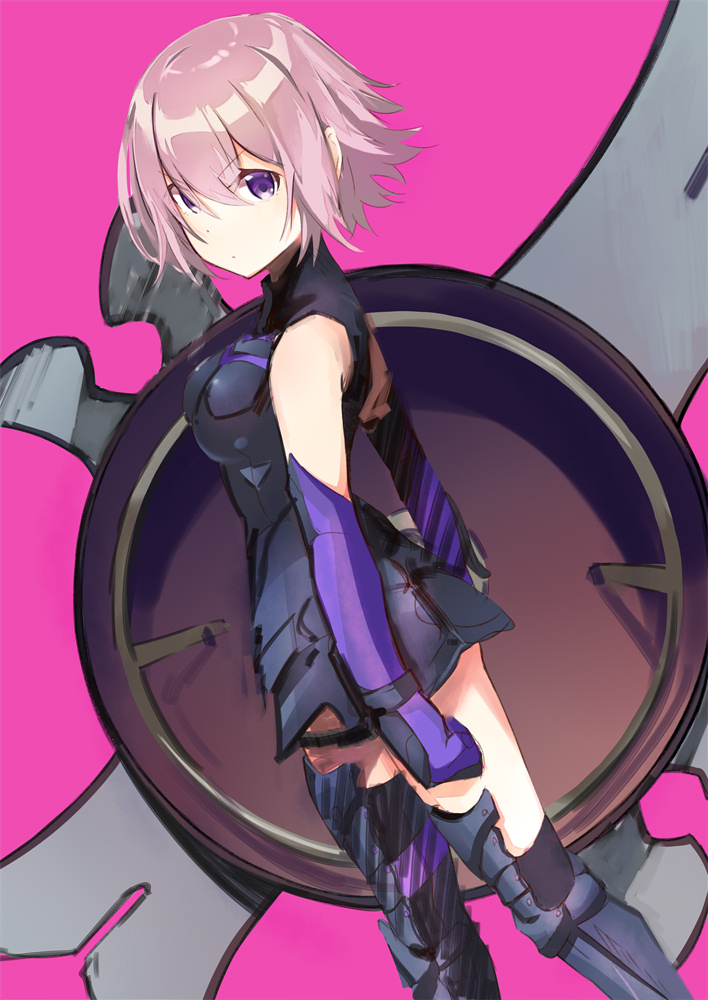 1girl 1other armor bare_shoulders black_armor black_gloves breastplate closed_mouth clouds cloudy_sky commentary_request elbow_gloves eyebrows_visible_through_hair eyes_visible_through_hair fate/grand_order fate_(series) gloves grass hair_over_one_eye hamuketu11 highres holding holding_shield holding_weapon light_purple_hair looking_at_viewer mash_kyrielight mountain out_of_frame outdoors pov purple_eyes purple_gloves shield short_hair sky smile two-tone_gloves weapon