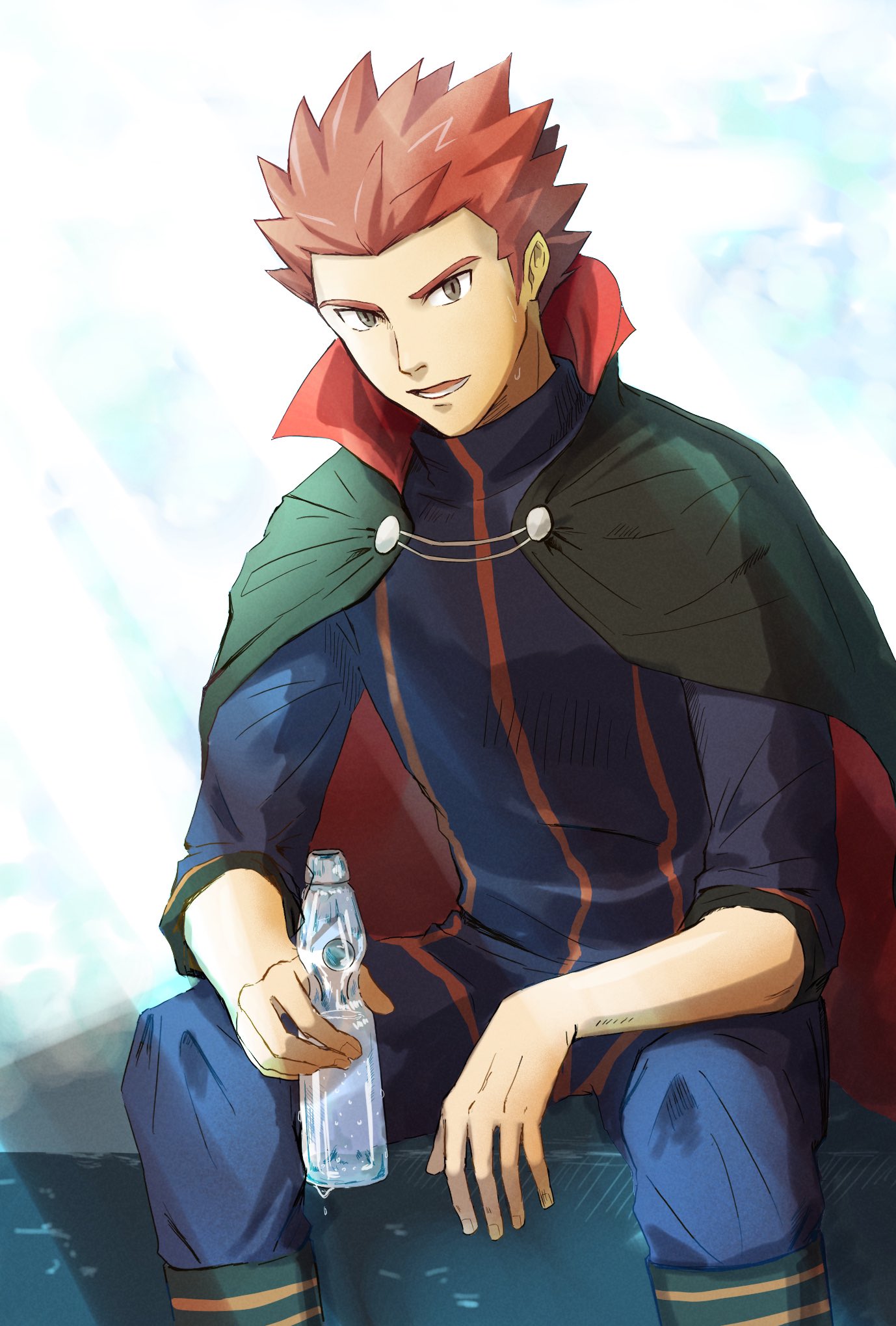 1boy boots bottle cape commentary_request dripping grey_eyes highres holding holding_bottle imasara_maki jacket lance_(pokemon) looking_at_viewer lower_teeth male_focus open_mouth pants pokemon pokemon_(game) pokemon_hgss redhead short_hair sitting sleeves_rolled_up solo spiky_hair teeth tongue water_bottle