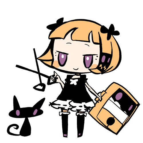 1girl animal bangs black_bow black_cat black_choker black_dress blonde_hair bloomers blunt_bangs blush_stickers bob_cut bow bright_pupils cat chibi choker closed_mouth dress dress_bow frilled_legwear frilled_sleeves frills full_body guillotine_girl_(yukihi) hair_bow hair_ornament hand_up holding holding_scissors holding_suitcase jitome legs_apart limited_palette looking_at_viewer lowres no_nose original puffy_short_sleeves puffy_sleeves purple_footwear ribbon_trim scissors short_bangs short_dress short_hair short_sleeves simple_background smile solo standing suitcase thigh-highs underwear violet_eyes white_background white_bloomers white_bow white_pupils yukihi