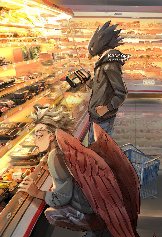 2boys animal_head artist_name bird_boy black_feathers blonde_hair body_markings boku_no_hero_academia choker denim feathered_wings food groceries grocery_basket hand_in_pocket hawks_(boku_no_hero_academia) hood hoodie jeans kadeart long_sleeves looking_at_food male_focus multiple_boys pants photo_background red_eyes red_feathers short_hair sleeves_pushed_up squatting standing sushi tokoyami_fumikage track_pants wings