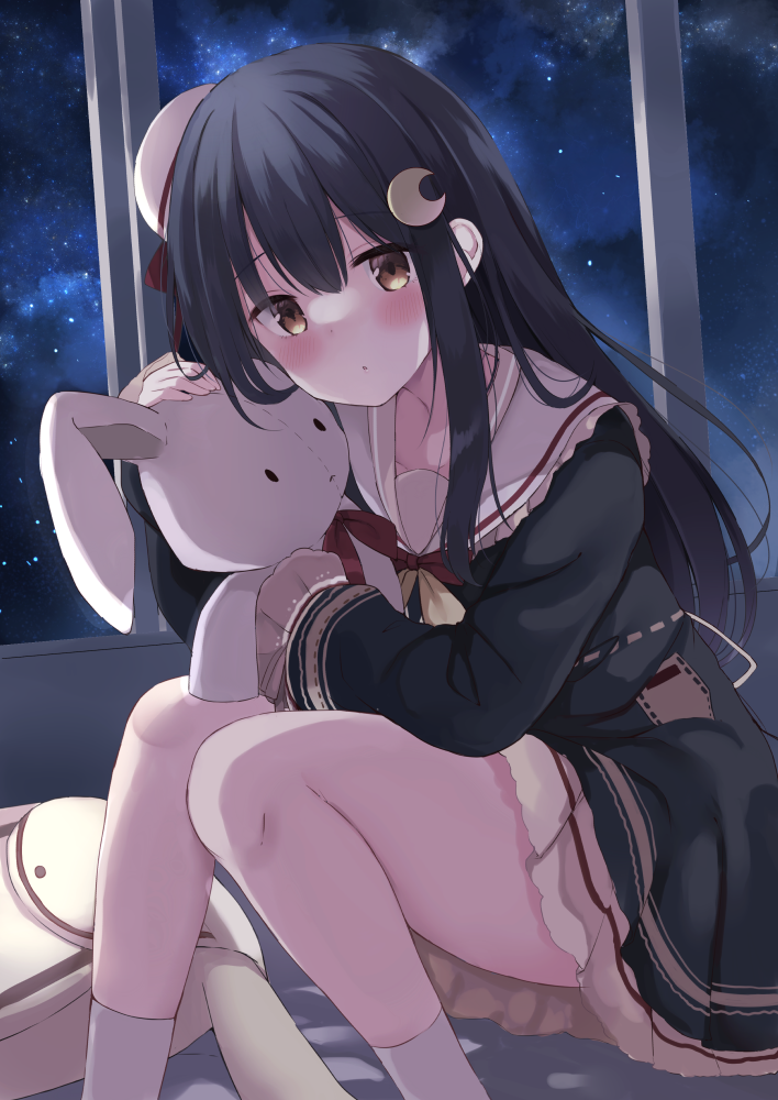 1girl :o bangs black_dress black_hair blush brown_eyes commentary_request crescent crescent_hair_ornament dress eyebrows_visible_through_hair feet_out_of_frame frilled_dress frills hair_between_eyes hair_ornament hat indoors knees_up kujou_danbo long_hair long_sleeves looking_at_viewer mini_hat night night_sky object_hug original parted_lips sailor_collar sailor_dress sitting sky sleeves_past_wrists socks solo star_(sky) starry_sky stuffed_animal stuffed_bunny stuffed_toy tilted_headwear very_long_hair white_headwear white_legwear white_sailor_collar window