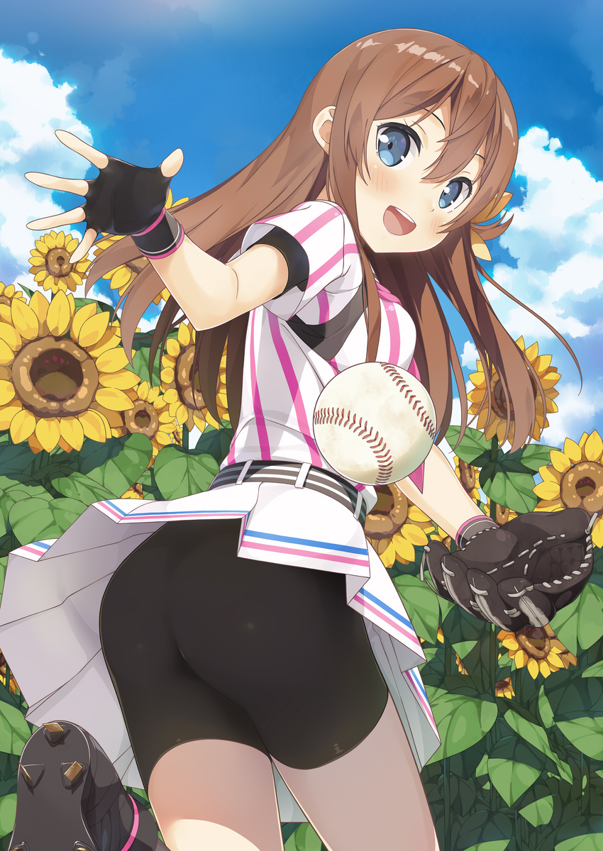 1girl arihara_tsubasa arm_up ass baseball baseball_mitt bike_shorts black_footwear black_gloves black_shorts blue_eyes boots brown_hair clouds commentary_request fingerless_gloves flower from_behind gloves hachigatsu_no_cinderella_nine highres leg_up long_hair looking_at_viewer looking_back outdoors running shirt short_sleeves shorts shorts_under_skirt skirt sky smile solo sport standing standing_on_one_leg striped striped_shirt studded_footwear sunflower thighs tsubure_manjuu white_shirt white_skirt wind wind_lift