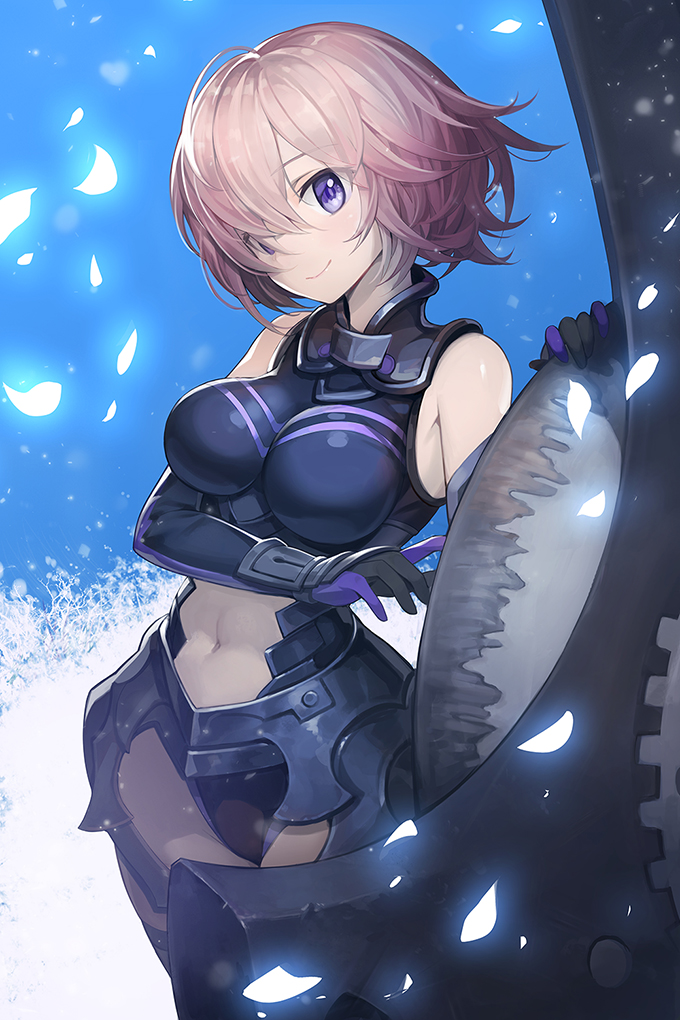 1girl 1other armor bare_shoulders black_armor black_gloves breastplate closed_mouth clouds cloudy_sky commentary_request elbow_gloves eyebrows_visible_through_hair eyes_visible_through_hair fate/grand_order fate_(series) gloves goomrrat grass hair_over_one_eye highres holding holding_shield holding_weapon light_purple_hair looking_at_viewer mash_kyrielight mountain out_of_frame outdoors pov purple_eyes purple_gloves shield short_hair sky smile two-tone_gloves weapon