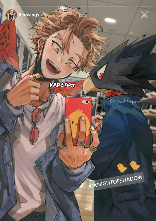 2boys animal_head artist_name bird_boy black_feathers black_mask blonde_hair body_markings boku_no_hero_academia casual cellphone chain_necklace choker denim_shirt earrings eyewear_removed facial_hair feathered_wings goatee grin hawks_(boku_no_hero_academia) holding holding_phone jacket jewelry kadeart looking_at_phone male_focus mask mask_pull messy_hair mouth_mask multiple_boys multiple_rings open_mouth oversized_clothes oversized_shirt phone photo_background red_eyes red_feathers ring shirt shop short_hair sleeves_folded_up smile social_network stud_earrings tinted_eyewear tokoyami_fumikage trench_coat username_tag white_shirt wings yellow_eyes