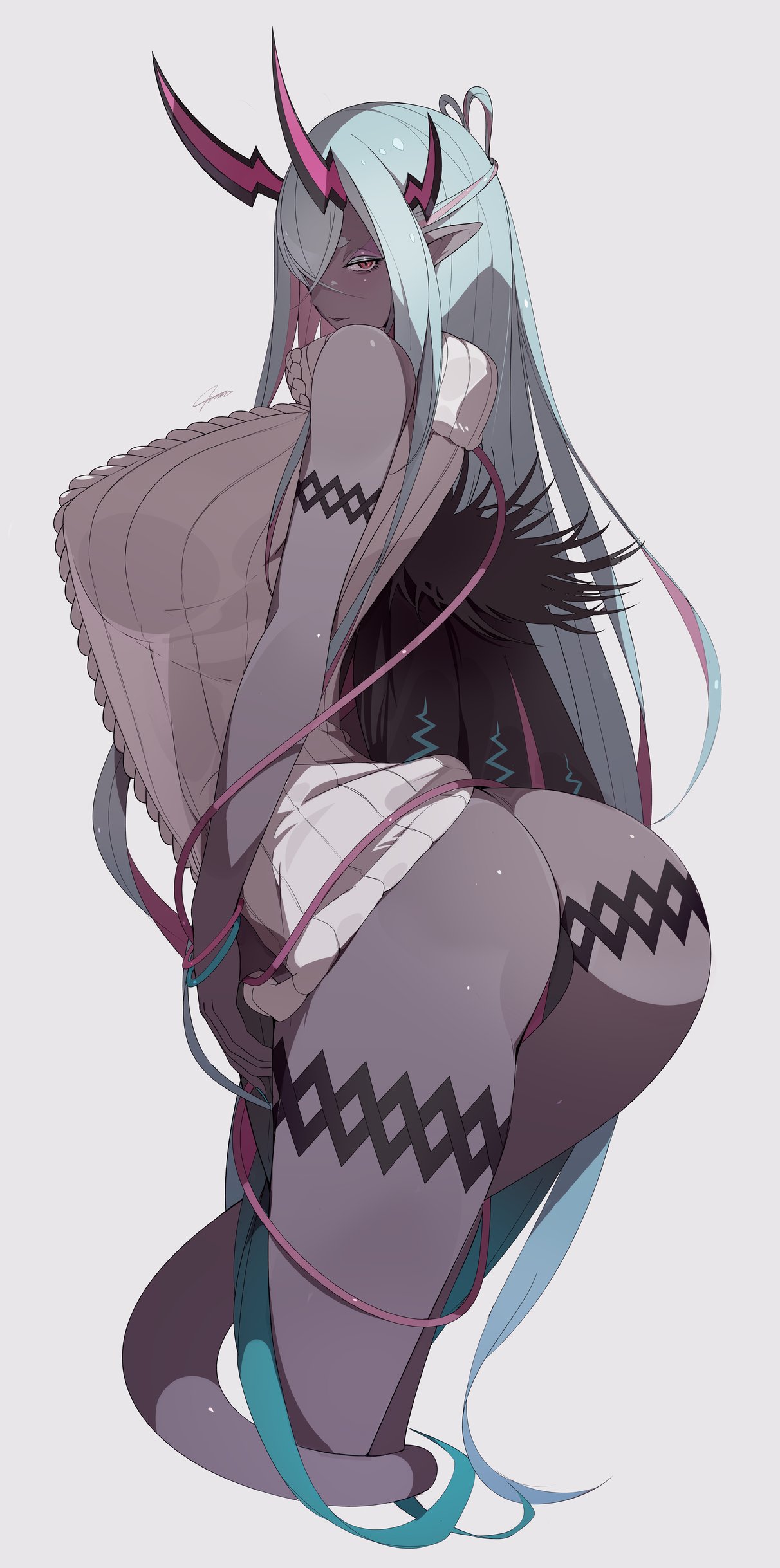 1girl absurdres aqua_eyebrows aqua_eyelashes aqua_hair aqua_nails arm_strap ass breasts colored_skin facing_away fate/grand_order fate_(series) highres horns ibuki_douji_(fate) large_breasts leg_strap long_hair looking_at_viewer oni oni_horns sideboob simple_background solo sweater thigh_strap thighs turtleneck turtleneck_sweater type-moon ub1mo very_long_hair yellow_eyes