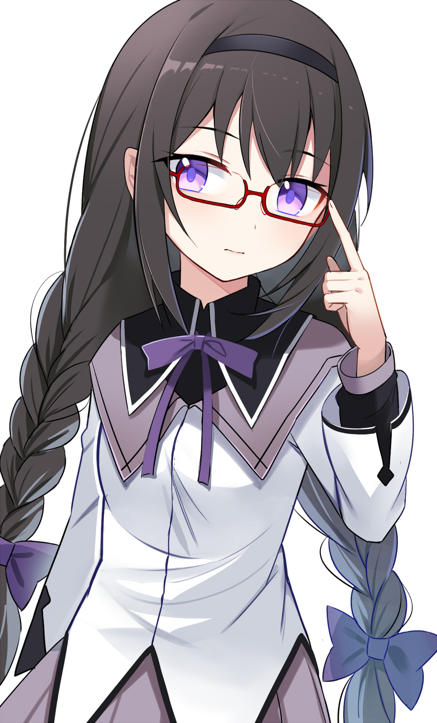 1girl akemi_homura bangs black_hair black_hairband bow braid e.o. eyebrows_visible_through_hair glasses hair_bow hairband highres long_hair looking_at_viewer mahou_shoujo_madoka_magica purple_bow purple_ribbon ribbon shirt simple_background solo twin_braids violet_eyes white_background white_shirt