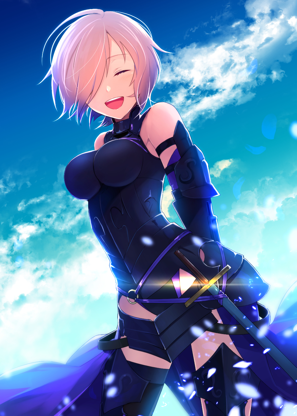 1girl 1other armor bare_shoulders black_armor black_gloves breastplate closed_mouth clouds cloudy_sky commentary_request elbow_gloves eyebrows_visible_through_hair eyes_visible_through_hair fate/grand_order fate_(series) gloves grass hair_over_one_eye highres holding holding_shield holding_weapon light_purple_hair looking_at_viewer mash_kyrielight mountain out_of_frame outdoors pov purple_eyes purple_gloves shield short_hair sky smile te_ppc two-tone_gloves weapon