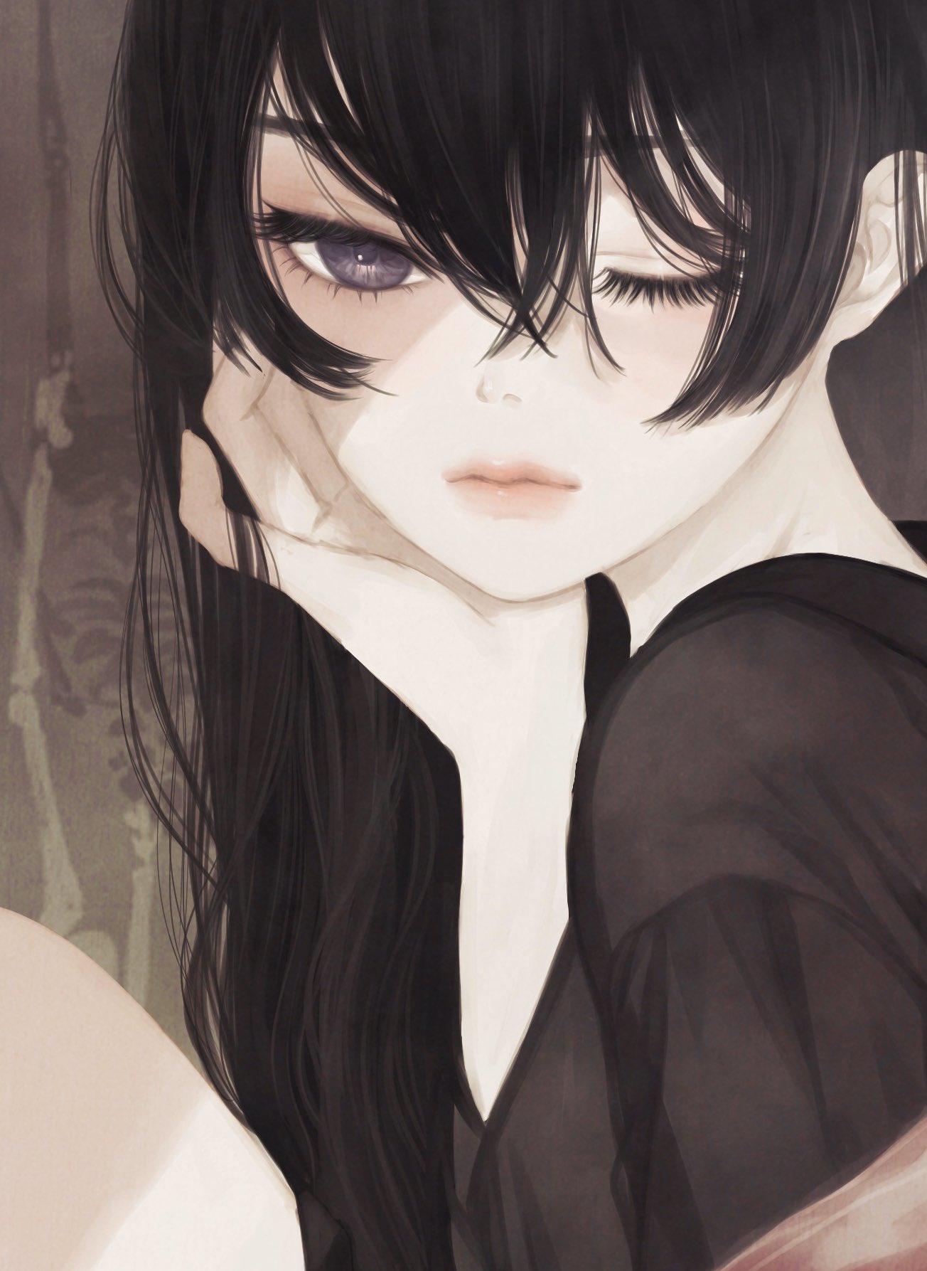 1girl bangs black_dress black_hair brown_background closed_mouth commentary_request cropped dress from_side hair_between_eyes hand_on_own_chin hand_on_own_face head_rest highres long_hair looking_at_viewer looking_to_the_side one_eye_closed original skeleton solo ushiyama_ame violet_eyes