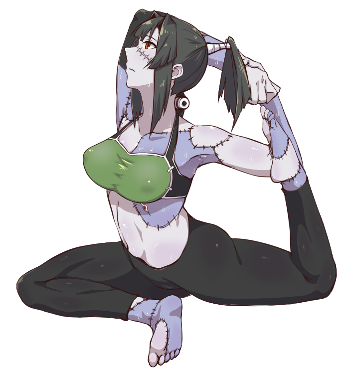 1girl barefoot black_hair black_legwear breasts closed_mouth commentary_request feet full_body high_ponytail kunai_zenow leggings looking_up monster_girl monster_musume_no_oisha-san nagi_ria orange_eyes pants ponytail simple_background soles solo sports_bra stitches stretch sweat toes white_background yoga yoga_pants zombie