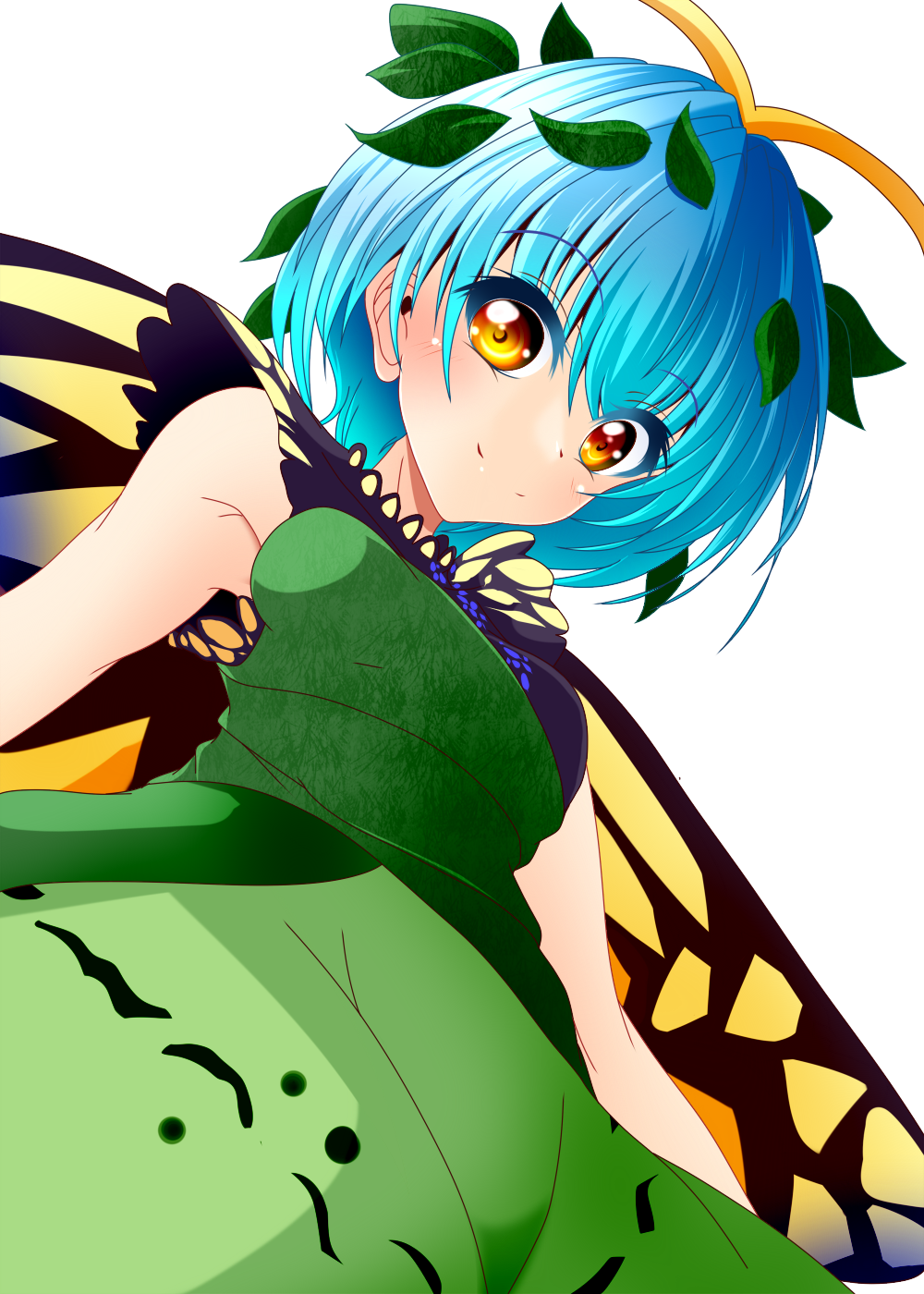 1girl :d antenna_hair bangs blue_hair bug butterfly closed_mouth dress eternity_larva eyebrows_visible_through_hair from_below green_dress highres leaf leaf_on_head looking_at_viewer muumuu_(sirufuruteienn) one-hour_drawing_challenge orange_eyes short_hair simple_background sleeveless smile solo touhou upper_body white_background