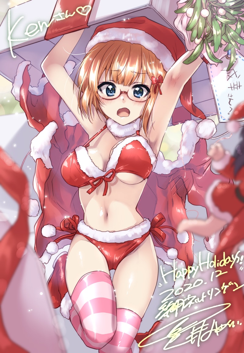 1girl arms_up artist_name bangs bikini blue_eyes blurry blurry_foreground blush bokutachi_wa_benkyou_ga_dekinai boots breasts brown_hair cape capelet christmas commentary_request commission dated depth_of_field english_text eyebrows_visible_through_hair frown fur-trimmed_capelet fur_collar fur_trim gift glasses hair_ribbon halterneck happy_holidays kuroi_mimei leg_up looking_at_viewer medium_breasts navel ogata_rizu open_mouth oversized_object pink_legwear pov red-framed_eyewear red_bikini red_capelet red_footwear red_ribbon ribbon santa_bikini santa_boots semi-rimless_eyewear short_hair signature skeb_commission solo_focus standing standing_on_one_leg striped striped_legwear swimsuit thigh-highs thigh_gap torn_cape torn_clothes under-rim_eyewear wardrobe_malfunction