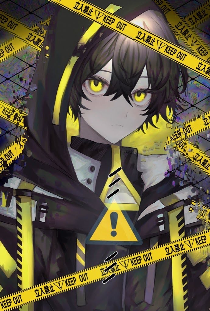 1boy black_hair caution_tape colored_skin colored_tips grey_hair greyscale keep_out looking_at_viewer male_focus monochrome nakazaki_yuna original sign warning_sign white_hair white_skin yellow_eyes