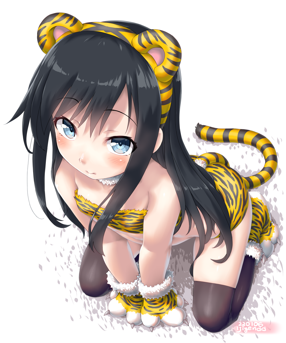1girl 2022 animal_costume animal_ears animal_hands animal_print asashio_(kancolle) black_hair blue_eyes chinese_zodiac dd_(ijigendd) highres kantai_collection long_hair looking_at_viewer solo tail thigh-highs tiger_costume tiger_ears tiger_paws tiger_print tiger_tail year_of_the_tiger
