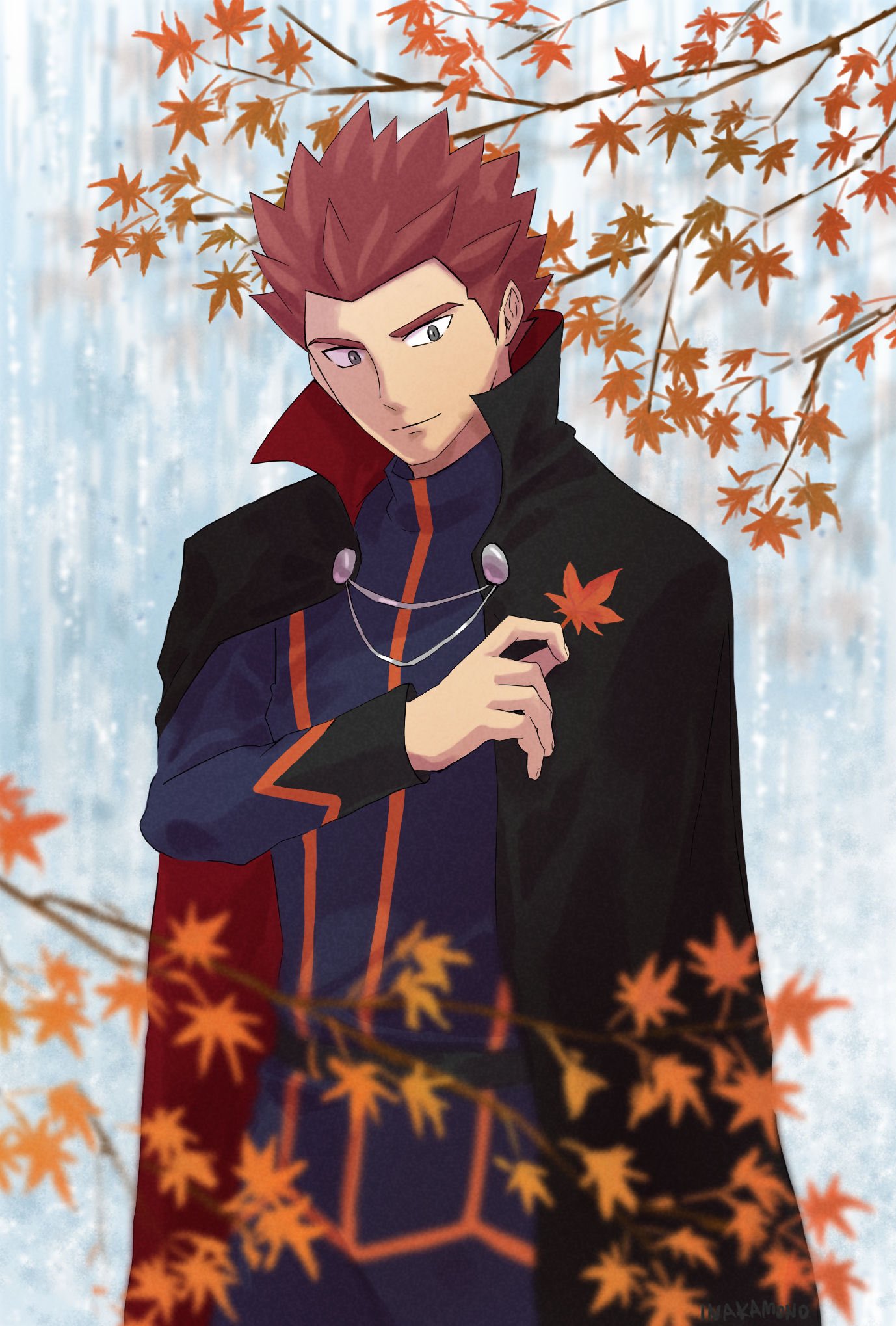 1boy autumn_leaves belt black_cape cape closed_mouth commentary_request day grey_eyes hand_up highres holding holding_leaf imasara_maki jacket lance_(pokemon) leaf long_sleeves looking_down male_focus outdoors pants pokemon pokemon_(game) pokemon_hgss popped_collar redhead short_hair smile solo spiky_hair