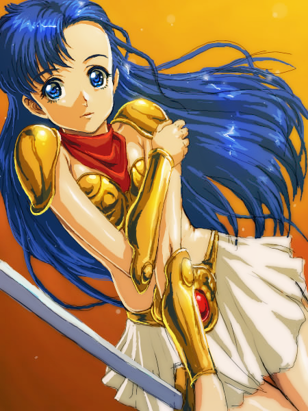 1girl armor asou_yuuko bangs bikini_armor blue_eyes blue_hair breasts closed_mouth commentary_request gem gold_armor gradient gradient_background holding holding_sword holding_weapon long_hair matsudo_aya midriff miniskirt mugen_senshi_valis orange_background red_scarf revision scarf shoulder_pads skirt sword valis vambraces weapon white_skirt