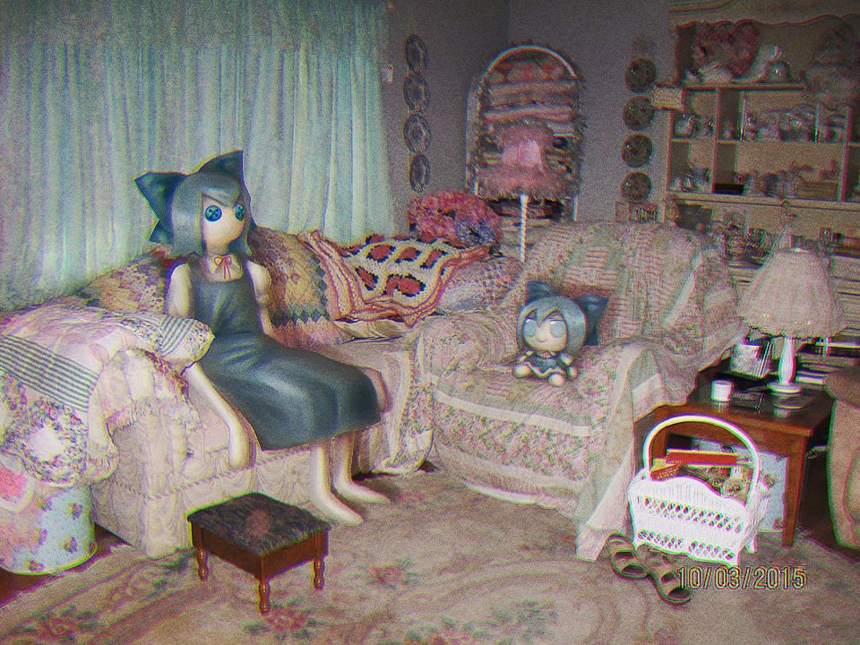 1girl basket blanket blue_dress blue_eyes blue_hair button_eyes chair character_doll chromatic_aberration cirno collared_shirt couch dish doll dress flat_chest fumo_(doll) lamp living_room long_dress neck_ribbon no_mouth photo_background pinafore_dress puffy_short_sleeves puffy_sleeves red_neckwear ribbon shelf shirt short_hair short_sleeves skullchimes smile solo stool table touhou white_shirt