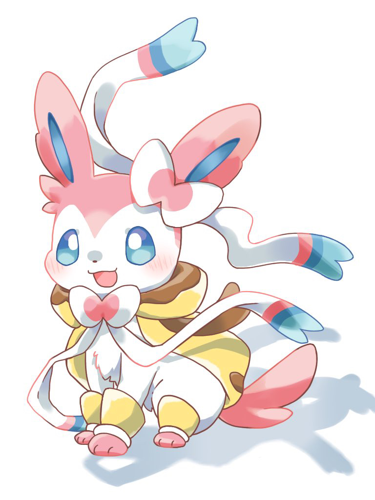 :d animal animal_focus blue_eyes blush cloak commentary_request floating hood hood_down hooded_cloak kana_(maple926) looking_afar no_humans open_mouth pokemon shadow simple_background sitting smile sylveon toes white_background