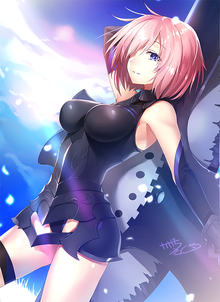 1girl 1other armor bare_shoulders black_armor black_gloves breastplate closed_mouth clouds cloudy_sky commentary_request elbow_gloves eyebrows_visible_through_hair eyes_visible_through_hair fate/grand_order fate_(series) gloves grass hair_over_one_eye highres holding holding_shield holding_weapon kagachi_sk light_purple_hair looking_at_viewer mash_kyrielight mountain out_of_frame outdoors pov purple_eyes purple_gloves shield short_hair sky smile two-tone_gloves weapon