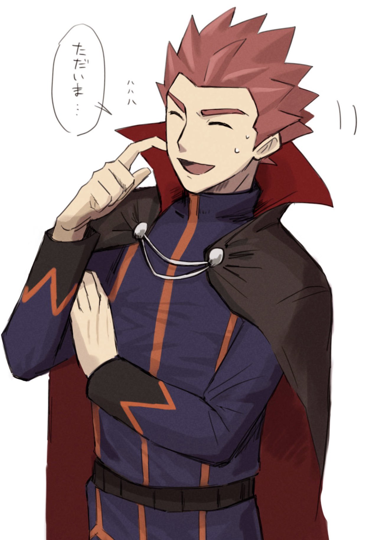 1boy :d belt brown_cape cape closed_eyes commentary highres imasara_maki jacket lance_(pokemon) long_sleeves male_focus open_mouth pants pokemon pokemon_(game) pokemon_hgss redhead short_hair smile solo speech_bubble spiky_hair sweat tongue translation_request white_background