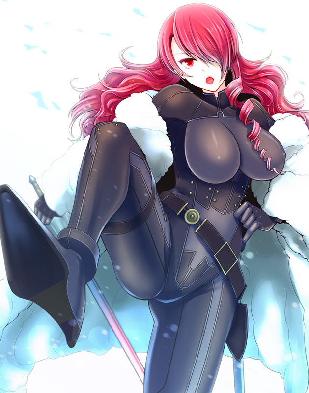 1girl black_bodysuit bodysuit breasts coat fur_coat hair_over_one_eye holding holding_sword holding_weapon kirijou_mitsuru large_breasts looking_at_viewer open_mouth persona persona_3 persona_4:_the_ultimate_in_mayonaka_arena red_eyes redhead shibuki_oroshi simple_background solo sword weapon white_coat