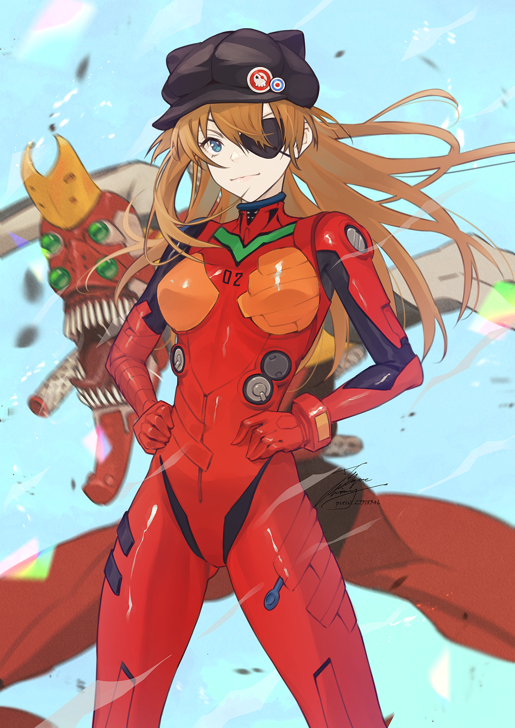 1girl animal_hat black_eyepatch black_headwear blue_eyes breasts brown_hair cat_hat commentary_request eva_02 evangelion:_3.0_you_can_(not)_redo eyepatch fadingz hair_between_eyes hands_on_hips hat highres long_hair looking_at_viewer mecha medium_breasts neon_genesis_evangelion pixiv_id plugsuit rebuild_of_evangelion revision signature solo souryuu_asuka_langley standing