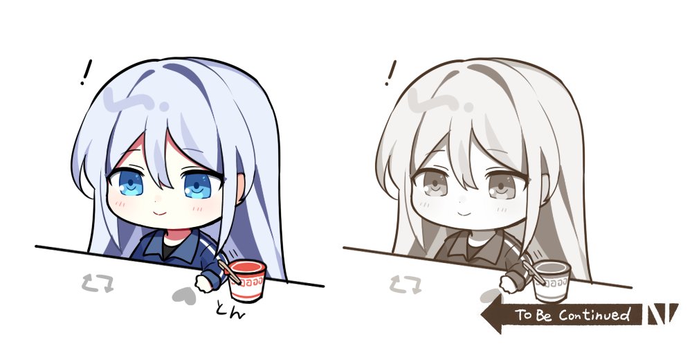 ! 1girl blue_eyes bongo_cat chibi chopsticks closed_mouth color_drain eyebrows_visible_through_hair hair_between_eyes heart jacket light_blue_hair like_and_retweet long_hair long_sleeves meme multiple_views project_sekai ramen retweet_(meme) simple_background smile to_be_continued waka_(wk4444) white_background yoisaki_kanade