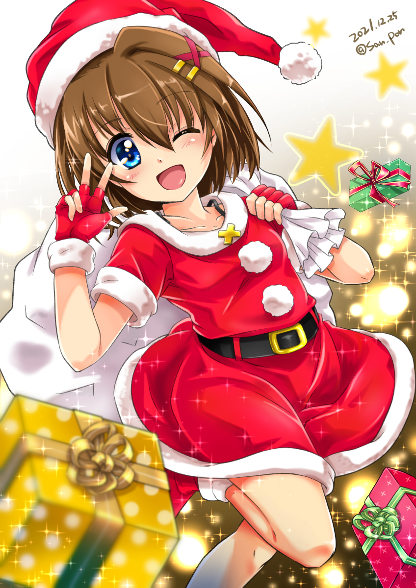 1girl ;d bangs black_legwear blurry blurry_foreground boots brown_hair christmas commentary_request dated depth_of_field dress eyebrows_visible_through_hair fingerless_gloves fur-trimmed_dress fur_trim gift gloves hair_ornament hairclip hat highres leg_up looking_at_viewer lyrical_nanoha mahou_shoujo_lyrical_nanoha mahou_shoujo_lyrical_nanoha_a's one_eye_closed open_mouth pantyhose red_dress red_footwear red_gloves red_headwear san-pon santa_boots santa_dress santa_gloves santa_hat short_dress short_hair short_sleeves smile solo sparkle standing standing_on_one_leg star_(symbol) textless twitter_username w waving x_hair_ornament yagami_hayate