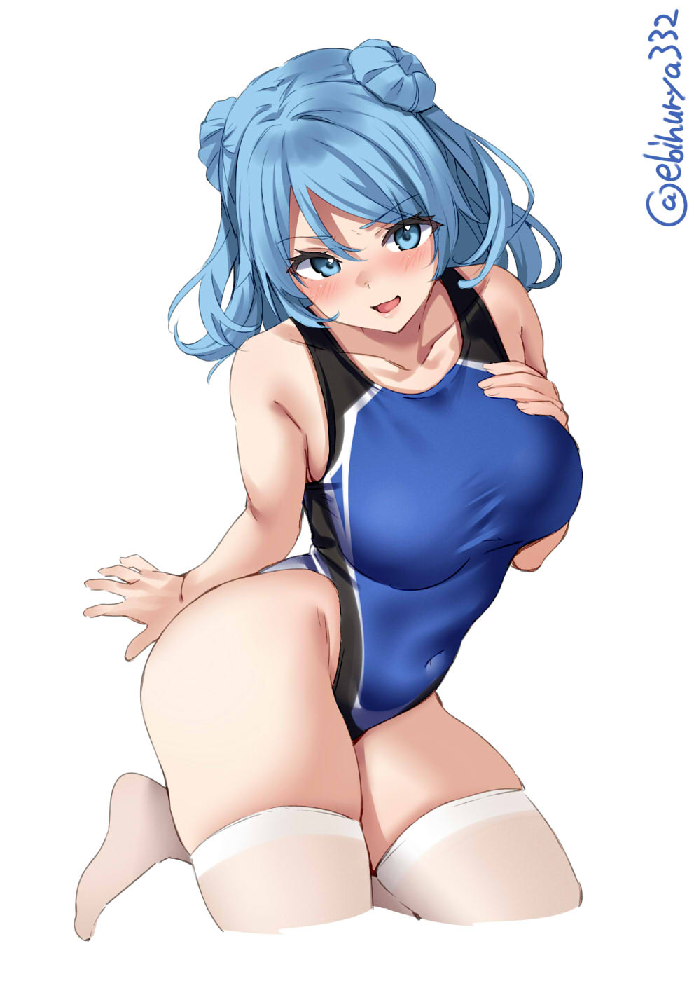 1girl alternate_costume black_swimsuit blue_eyes blue_hair blue_swimsuit blush breasts collarbone competition_swimsuit cowboy_shot double_bun ebifurya hand_on_breasts hand_on_own_chest highres kantai_collection large_breasts looking_at_viewer one-piece_swimsuit solo swimsuit thigh-highs thighs twitter_username two-tone_swimsuit urakaze_(kancolle) white_background white_legwear