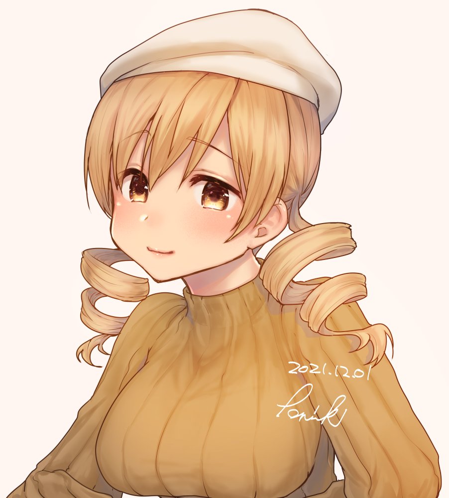 1girl beret blush breasts closed_mouth dated drill_hair hat kazabuki_poni large_breasts long_sleeves looking_at_viewer mahou_shoujo_madoka_magica ribbed_sweater signature simple_background smile solo sweater tareme tomoe_mami turtleneck turtleneck_sweater twin_drills upper_body white_background white_headwear yellow_eyes yellow_sweater yellow_theme