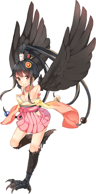 1girl artist_request bangs bare_shoulders bird_legs black_feathers black_hair black_wings breasts eyebrows_visible_through_hair full_body hair_bobbles hair_ornament harpy japanese_clothes misaki_(monster_musume) monster_girl monster_musume_no_iru_nichijou monster_musume_no_iru_nichijou_online official_art red_eyes short_hair short_hair_with_long_locks small_breasts solo talons winged_arms wings
