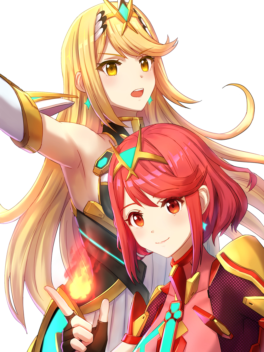 bangs blonde_hair bob_cut chest_jewel earrings fire highres jewelry long_hair mythra_(massive_melee)_(xenoblade) mythra_(xenoblade) pyra_(xenoblade) red_eyes redhead super_smash_bros. swept_bangs tiara xenoblade_chronicles_(series) xenoblade_chronicles_2 yellow_eyes