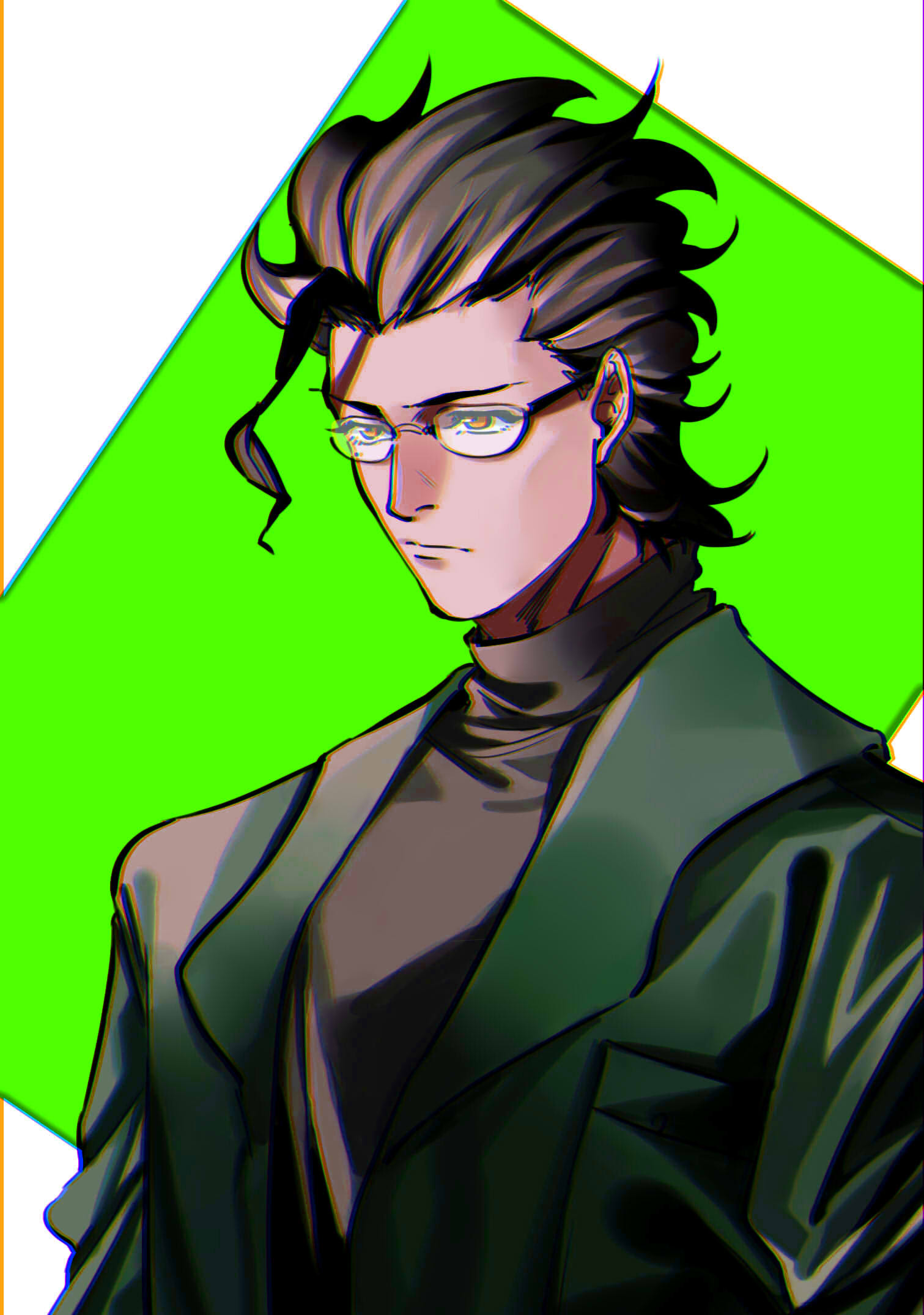 1boy bespectacled black_hair chromatic_aberration contemporary diarmuid_ua_duibhne_(lancer)_(fate) edwintarm fate/grand_order fate_(series) formal glasses hair_strand highres male_focus mole mole_under_eye solo suit suit_jacket turtleneck yellow_eyes