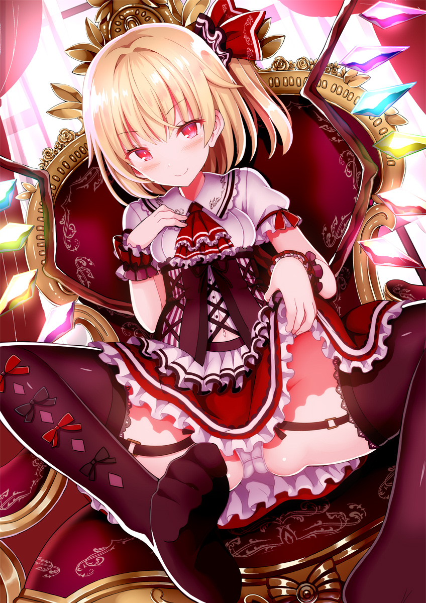 1girl alternate_costume black_legwear blonde_hair blush closed_mouth crystal eyebrows_visible_through_hair flandre_scarlet frilled_skirt frilled_sleeves frills givuchoko hair_between_eyes highres one_side_up panties puffy_short_sleeves puffy_sleeves red_eyes red_skirt short_hair short_sleeves sitting skirt smile solo thigh-highs throne touhou underwear white_panties wings wrist_cuffs