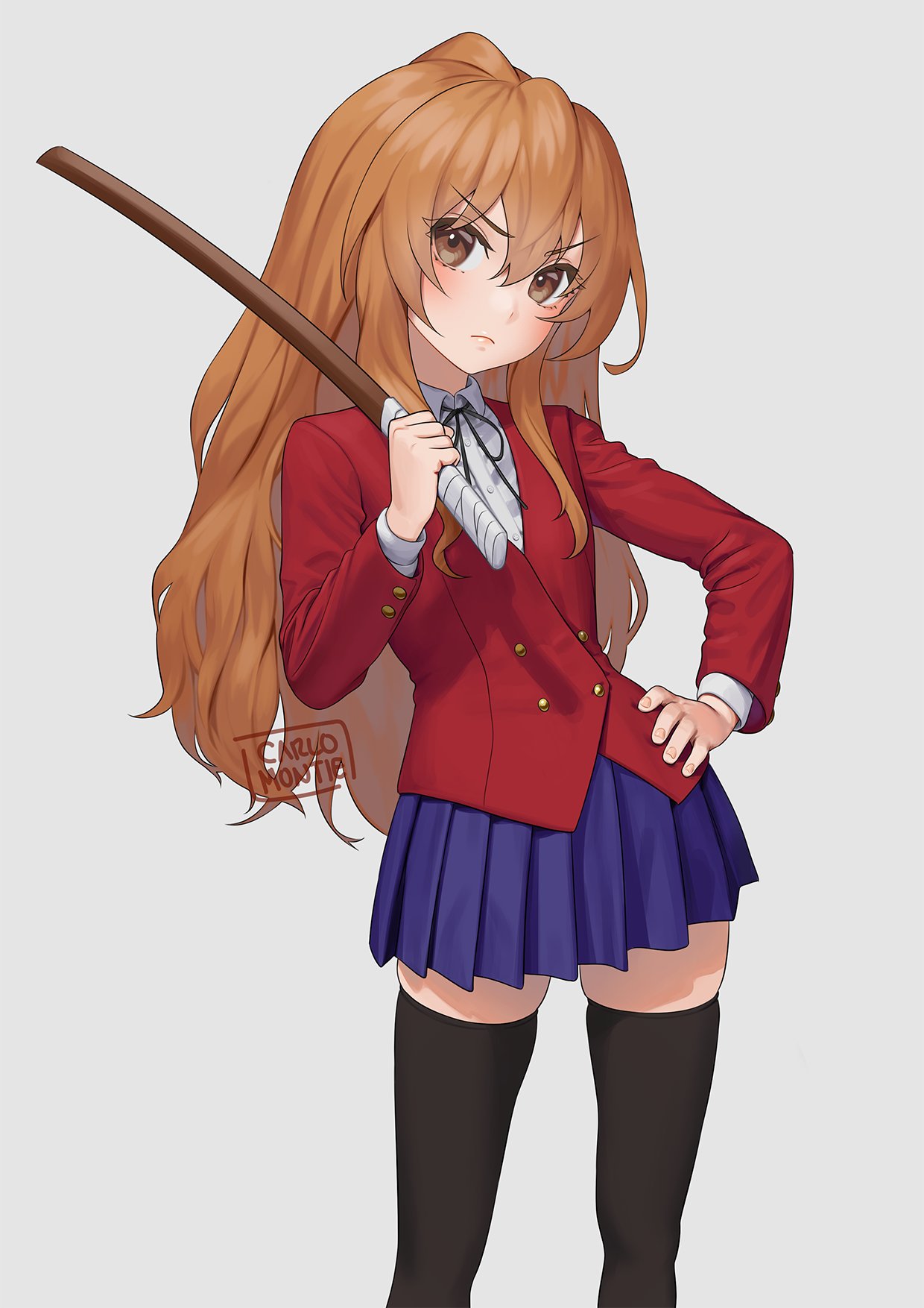 1girl aisaka_taiga bangs black_legwear blazer blue_skirt blush bokken brown_eyes brown_hair buttons carlo_montie closed_mouth collared_shirt commentary double-breasted english_commentary eyebrows_visible_through_hair frown hair_between_eyes hand_on_hip hand_up highres jacket long_hair long_sleeves looking_at_viewer neck_ribbon oohashi_high_school_uniform red_jacket red_ribbon ribbon school_uniform shirt signature simple_background skirt solo standing sword thigh-highs toradora! v-shaped_eyebrows weapon white_background white_shirt wooden_sword zettai_ryouiki