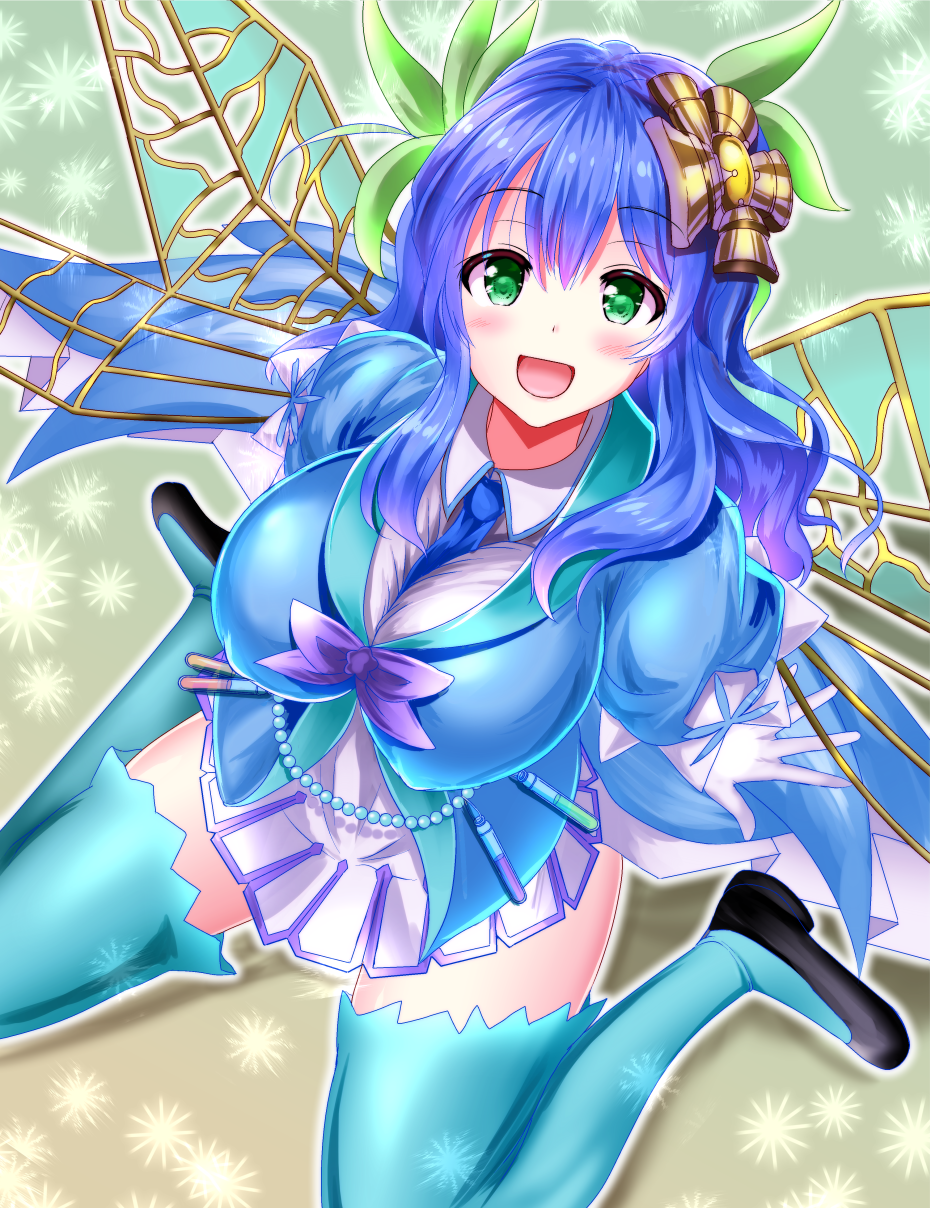 1girl :d absurdres aromaseraphy_rosemary bangs blue_eyes blue_hair blue_legwear blue_neckwear blush commentary duel_monster elbow_gloves eyebrows_visible_through_hair flower gloves hair_between_eyes highres holding holding_staff long_hair looking_at_viewer necktie open_mouth outdoors smile solo staff thigh-highs white_gloves wings yohangasuparu yu-gi-oh! yuu-gi-ou