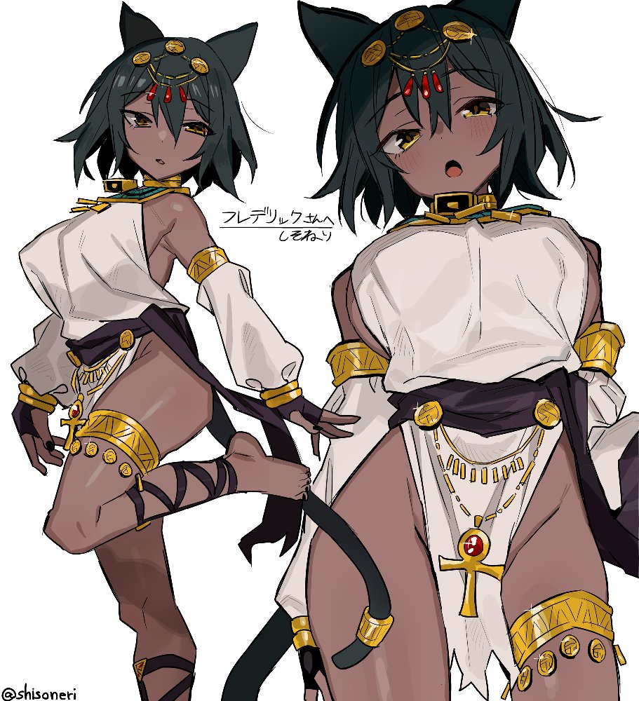 1girl animal_ears ankh black_hair black_sash blush breasts cat_ears cat_tail commission dark-skinned_female dark_skin diadem dot_nose dress egyptian_clothes head_tilt hijiki_(deriku4) jewelry large_breasts looking_at_viewer medium_hair multiple_views necklace no_panties parted_lips pelvic_curtain ribbon sash shisoneri simple_background standing standing_on_one_leg tail tail_ornament tail_ribbon thighlet usekh_collar white_background white_dress yellow_eyes