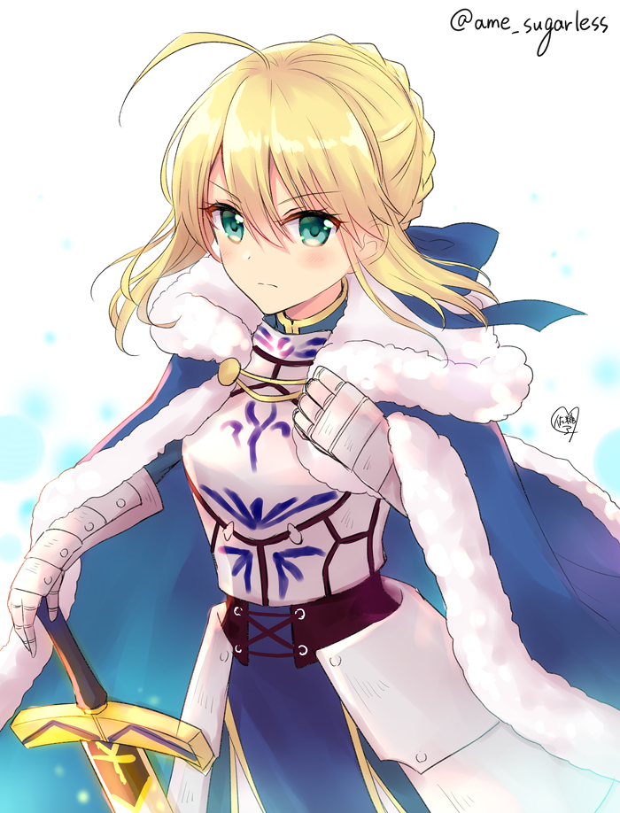 1girl ahoge ame_sugarless artoria_pendragon_(all) blonde_hair blue_ribbon breasts cleavage_cutout clothing_cutout excalibur_(fate/stay_night) fate/grand_order fate/stay_night fate_(series) green_eyes hair_bun hair_ribbon holding holding_weapon juliet_sleeves long_sleeves medium_breasts puffy_sleeves ribbon saber solo sword weapon