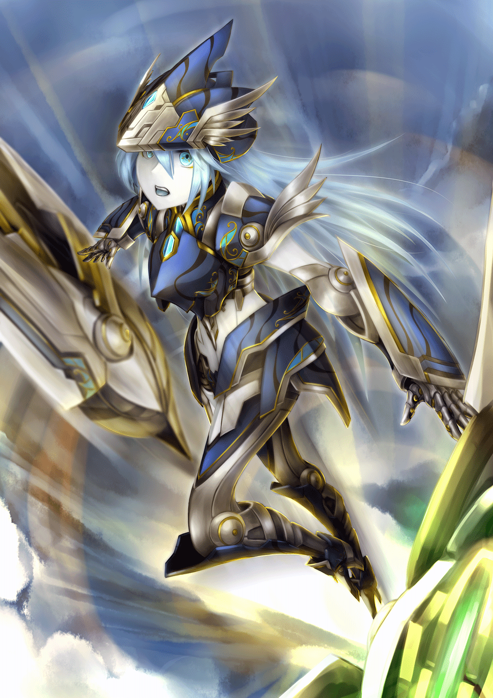 1girl android armor blue_eyes blue_hair breastplate colored_skin fantasy flying gauntlets gold_trim helmet high_heels highres joints long_hair me_ganchyo mixed-language_commentary open_mouth original robot_joints shoulder_armor solo teeth upper_teeth valkyrie white_skin winged_helmet