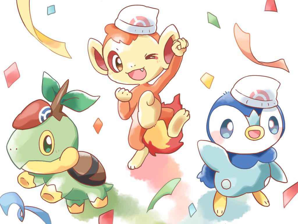 :d animal animal_focus beret bird blue_eyes chimchar clenched_hand closed_mouth commentary confetti fang green_eyes hand_up hat kana_(maple926) monkey no_humans open_mouth penguin piplup poke_ball_print pokemon red_eyes simple_background smile standing standing_on_one_leg starter_pokemon_trio turtle turtwig