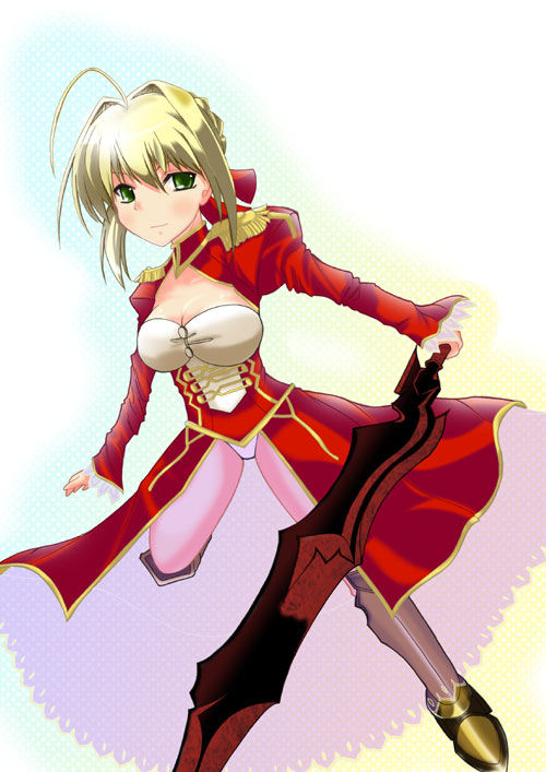 1girl aestus_estus ahoge altia_tie blonde_hair braid breasts cleavage commentary_request dress epaulettes fate/extra fate/grand_order fate_(series) french_braid green_eyes hair_intakes hair_ribbon juliet_sleeves large_breasts long_sleeves nero_claudius_(fate) nero_claudius_(fate)_(all) puffy_sleeves red_dress red_ribbon ribbon saber_extra see-through solo wide_sleeves