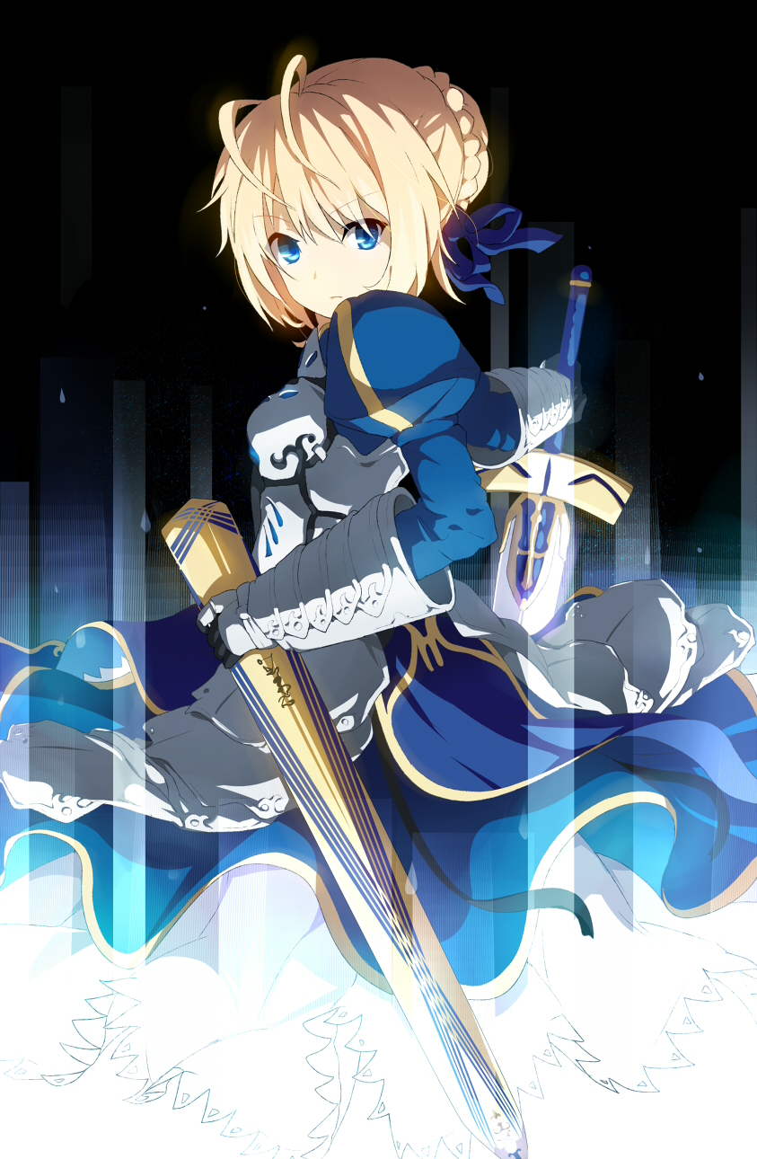 1girl ahoge artoria_pendragon_(all) blonde_hair blue_ribbon breasts cleavage_cutout clothing_cutout excalibur_(fate/stay_night) fate/grand_order fate/stay_night fate/zero fate_(series) green_eyes hair_bun hair_ribbon holding holding_weapon juliet_sleeves long_sleeves medium_breasts ogipote puffy_sleeves ribbon saber solo sword weapon
