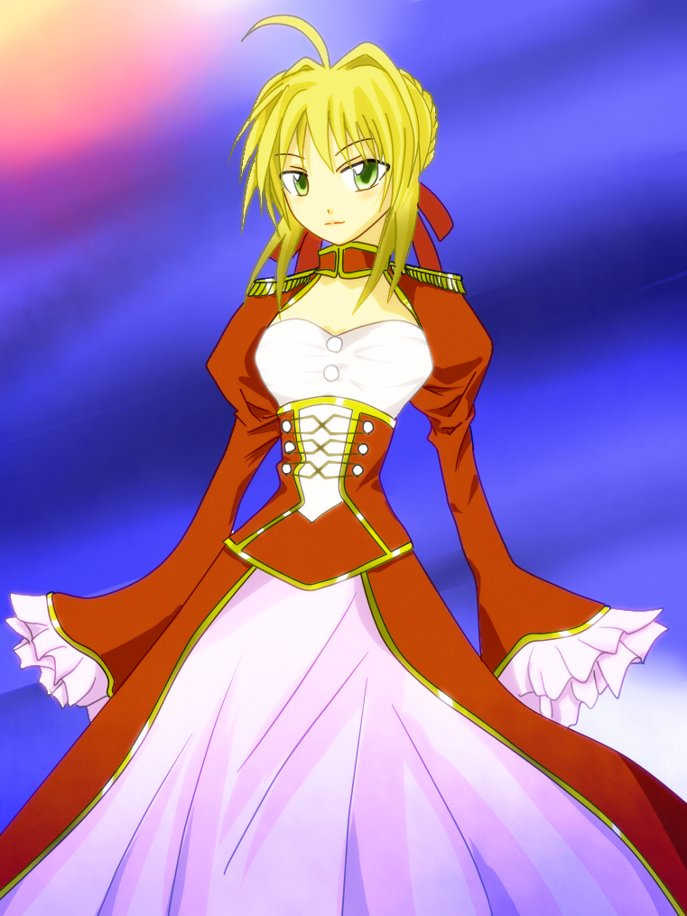 1girl aestus_estus ahoge blonde_hair braid breasts cleavage commentary_request dress epaulettes fate/extra fate/grand_order fate_(series) french_braid green_eyes hair_intakes hair_ribbon juliet_sleeves large_breasts long_sleeves nero_claudius_(fate) nero_claudius_(fate)_(all) puffy_sleeves red_dress red_ribbon ribbon ruri_shiera saber_extra see-through solo wide_sleeves