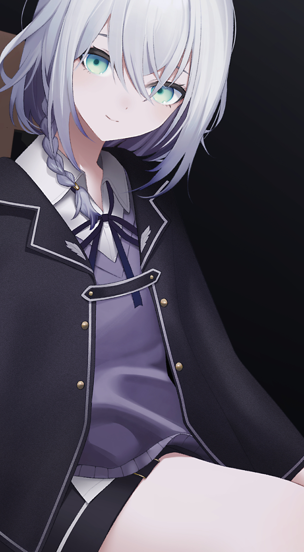 1girl black_background black_jacket braid closed_mouth collared_shirt green_eyes grey_hair hair_between_eyes jacket looking_at_viewer migihidari_(puwako) original purple_vest shirt side_braid simple_background smile solo sweater_vest vest white_shirt wing_collar